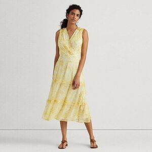 LAUREN Ralph Lauren Floral Yellow & Cream Sleeveless Midi Dress